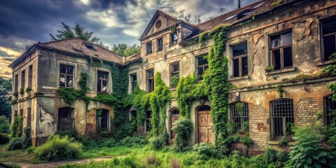 Sticker - Creepy old abandoned building with broken windows and overgrown vegetation, abandoned, spooky, eerie, derelict