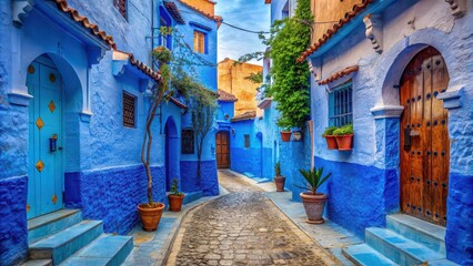 Wall Mural - Colorful alley with blue and orange buildings in the medina of Chefchaouen, Morocco, Chefchaouen, Morocco, colorful, alley