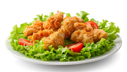 Wall Mural - Healthy green salad with crispy fried chicken and tomato isolated on white