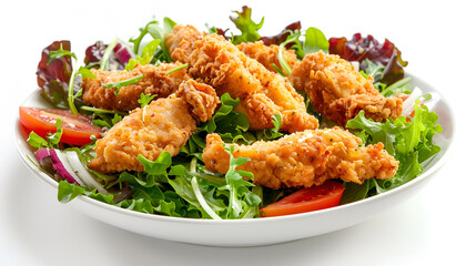 Wall Mural - Healthy green salad with crispy fried chicken and tomato isolated on white