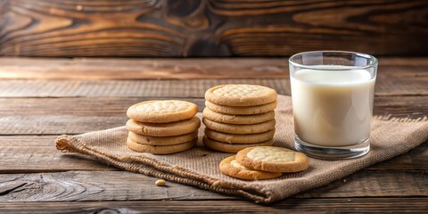 Wall Mural - Breakfast shortbread biscuits with glass of milk on rustic wooden table, breakfast, shortbread, biscuits, milk, glass, morning