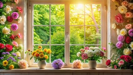 Wall Mural - A window adorned with beautiful blooming flowers , floral, spring, garden, nature, exterior, colorful, blossoms, windowsill