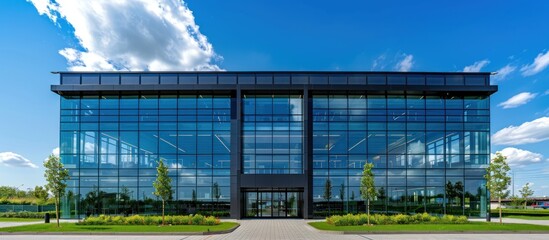 Poster - Modern Glass Office Building with Blue Sky and Clouds