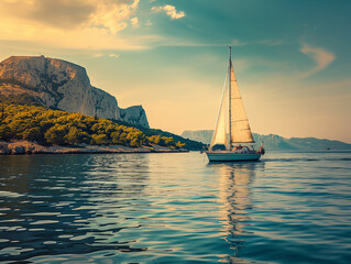 Sticker - Coastal Sailing: Marine Blue Sailboat in Leisure Coastal Waters