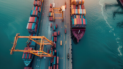 An aerial view of a port terminal, a container, a cargo ship