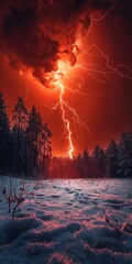 Wall Mural - Lightning Strikes a Snowy Forest