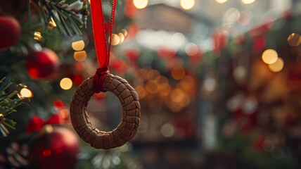 A Christmas wreath ornament hanging on a decorated tree.