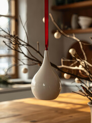 Wall Mural - White ceramic ornament hanging from a red ribbon, branches in the background.