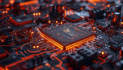 Poster - A close-up of a computer motherboard with glowing orange circuits. The central processing unit (CPU) is in focus, surrounded by other components. The image is reminiscent of a futuristic technology.