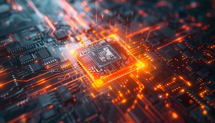 Poster - A computer chip with glowing orange lines on a motherboard.