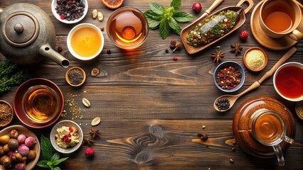 Poster - Table set with various types of tea and tea dishes, tea, teacup, teapot, saucer, herbal, green, black, white, oolong