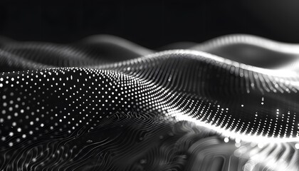 Leinwandbilder - A black and white abstract image of a wavy surface with white dots, creating a modern and futuristic design.