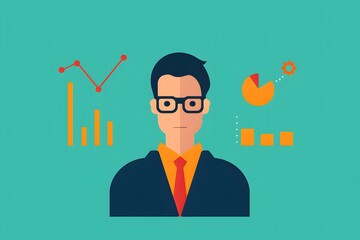 Poster - Illustration of a businessman wearing glasses with data charts and graphs in the background, representing analytics and success.