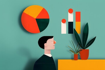 Poster - illustration of a person looking at colorful charts and graphs on a wall, alongside potted plants on
