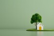 © Tackey - Minimalist green backdrop featuring a small white house with a yellow door and a tree, symbolizing eco-friendly living and sustainability.