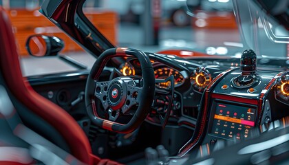 The interior of a futuristic sports car with a glowing orange digital dashboard.