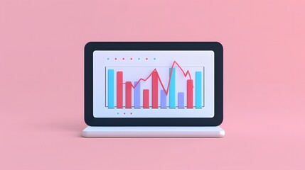Poster - Modern tablet with colorful bar and line charts on its screen, placed against a pink background. Ideal for business analysis and data presentation.