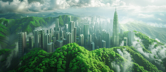 Wall Mural - concept sustainable green cityscapse in mountains background