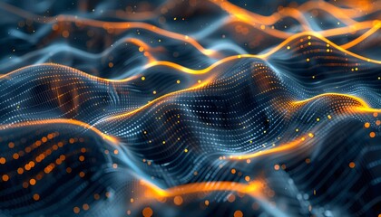 Leinwandbilder - A dark abstract background with glowing orange lines and dots. The image suggests a sense of movement and energy.