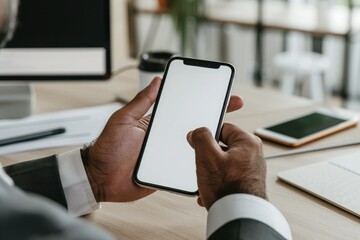 Mockup of a man's hands holding smart phone with blank white screen while sitting at the wooden table in modern office