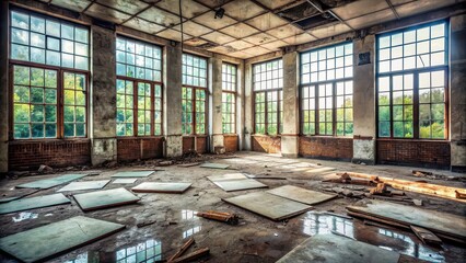 Poster - Abandoned room with large windows and fragments of slabs on the floor, abandoned, room, windows, fragments, slabs, floor