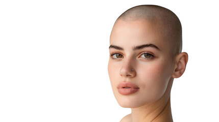 Caucasian bald young woman , with shaved head on transparent background