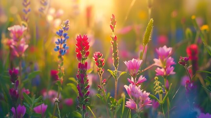 Poster - A beautiful field of wildflowers in bloom. The flowers are mostly pink, purple, and blue, and they are all different shapes and sizes.