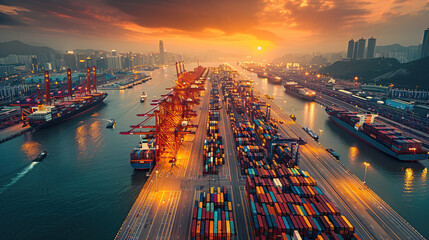 Wall Mural - An aerial view of a port terminal, a container, a cargo ship