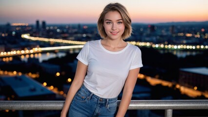 Teenage girl with short hair wearing white t-shirt and blue jeans standing on cityscape at night background