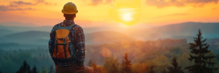 Man in Yellow Hardhat Contemplates Sunset Over Mountains