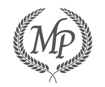 Initial letter M and P, MP monogram logo design with laurel wreath. Luxury calligraphy font.