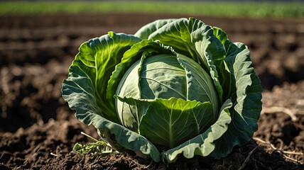 Ripe green cabbage in the field, Closeup of green Cabbage on defocused farm