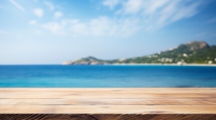 Poster - Wood table top on blur beach background