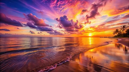 Wall Mural - Stunning tropical beach sunset with orange, pink, and purple sky reflecting in calm ocean water , beach, tropical, sunset, sky