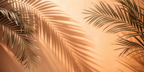 Wall Mural - Blurred palm foliage shadow on peach color wall , nature, tropical, background, palm leaves, shadow, sunlight, summer, abstract