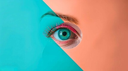 Close-up of a colorful eye with artistic makeup on a split turquoise and peach background, showcasing creativity and fashion.
