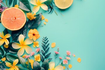 Wall Mural - Summer Floral Arrangement With Grapefruit and Lemon on Turquoise Background. Generative AI