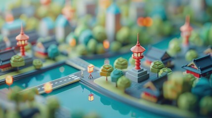 Wall Mural - Low Poly Miniature Cityscape with River and Lanterns