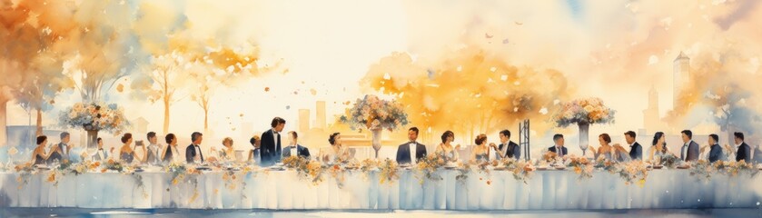 Wall Mural - A painting of a long table with many people sitting at it. The table is set with flowers and the people are dressed in formal attire. The painting conveys a sense of elegance and sophistication