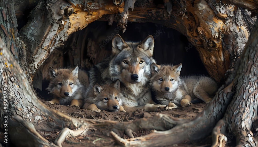 Wolf Roots A mother wolf and her pups rest in a den made of tree roots. The mother ...