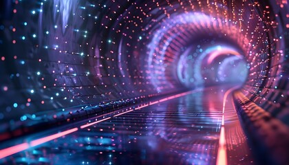 Leinwandbilder - A futuristic tunnel with glowing lights and a path leading into the darkness.