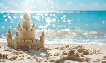 Wall Mural - Sandcastle stands on a sunny beach, Generative AI 