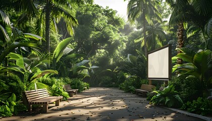 A path in a lush green forest with two benches, a blank billboard, and a light ray of sunshine.