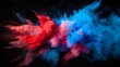 © Sirichat. Camphol - Photo of an explosion of blue and red powder on a black background. Colored clouds. Multicolored dust explosion. Painted Holi.
