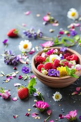 Wall Mural - Bowl of Fresh Summer Fruit and Flowers