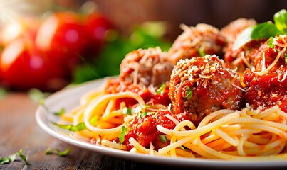 Sticker - Spaghetti with big meatballs in tomato sauce, Generative AI 