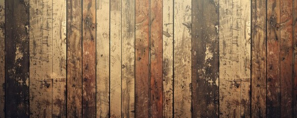 Wall Mural - A wooden wall with a grainy texture. The wood is old and worn, giving the wall a rustic and aged appearance. Free copy space for text.