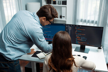 team skilled developers program coding discussing creative website planning software project on two 