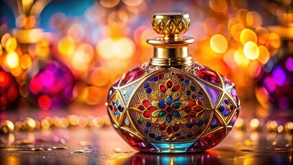 Sticker - A close-up shot of a beautifully designed perfume bottle with intricate details and vibrant colors, fragrance, scent, beauty