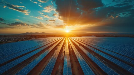 Sunset Over Vast Solar Farm